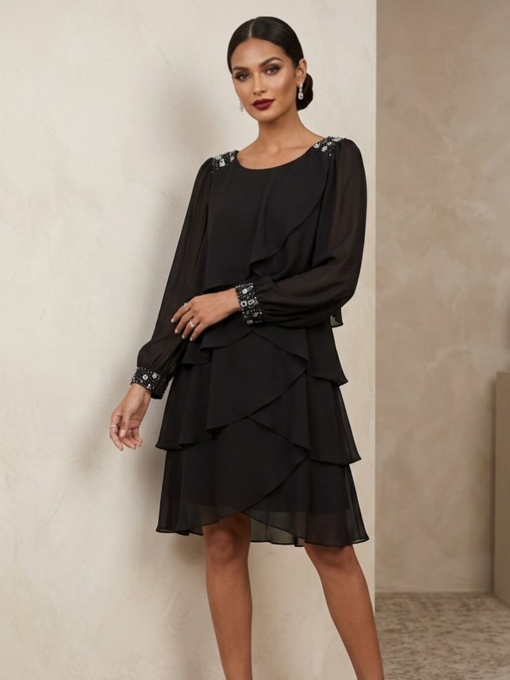 ✨ S.L. Fashions Midnight Black Glamour Tiered Chiffon Cocktail Dress ✨
